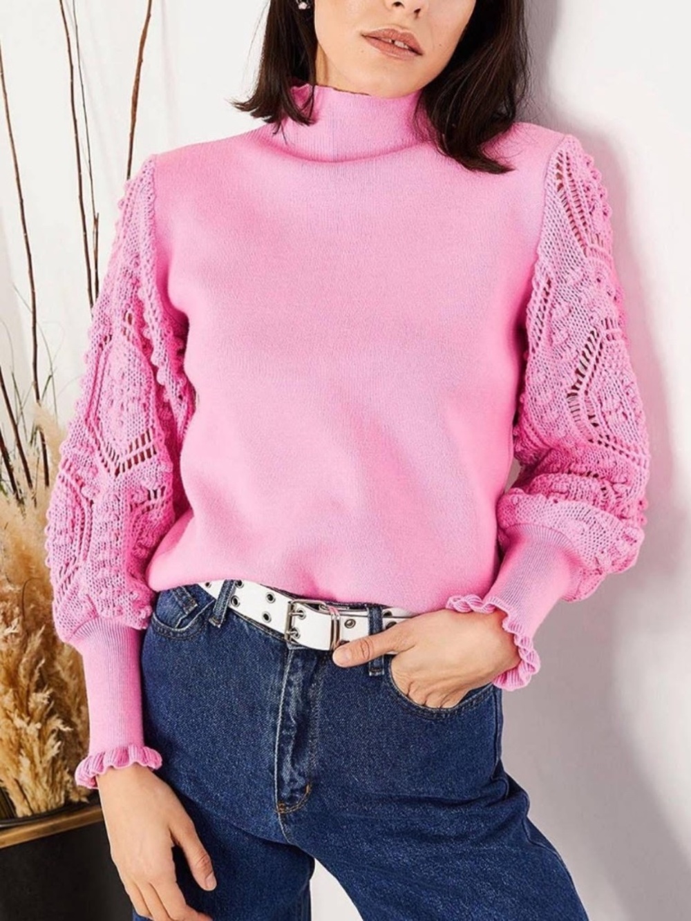 Women’s bubblegum pink mock neck sweater with crochet sleeves 🩷 NWT 2X